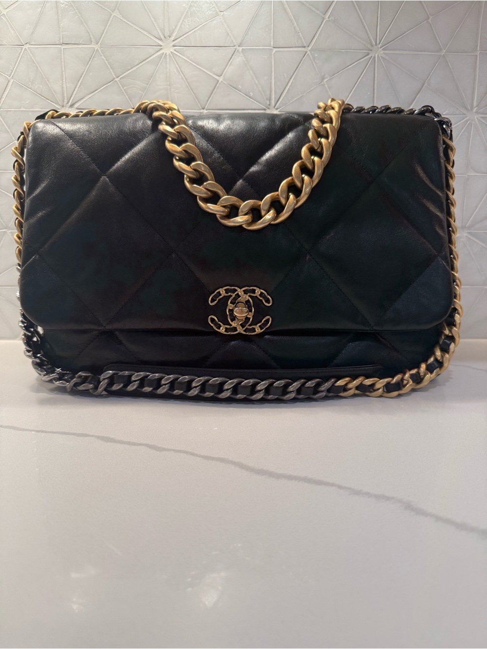 CHANEL Black Quilted Large Shoulder Bag with Mixed Gold-Silver Chain
